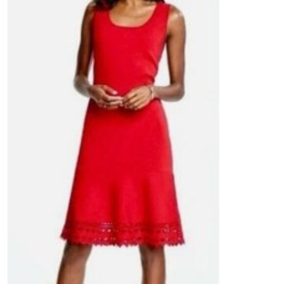 Red Ann Taylor Laser Cut Flounce Sweater Dress Sz Medium - Picture 2 of 8